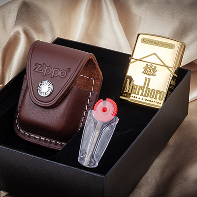 Набор Зажигалка Zippo 254B High Polish Brass с гравировкой Marlboro + чехол LPCB + кремний 2406NG